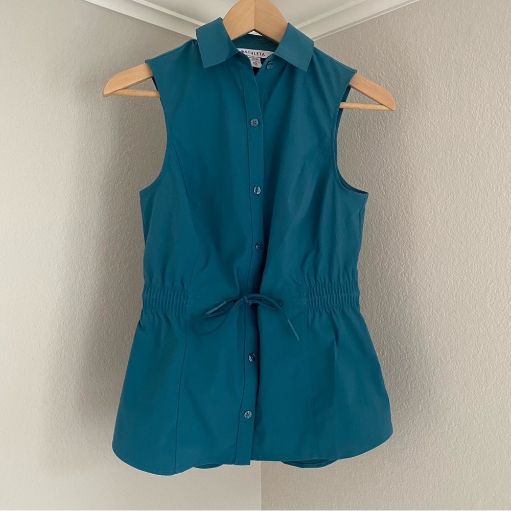 Athleta Women’s Sz XSS Button Up Tank Teal Drawstring Waist Performance Blouse